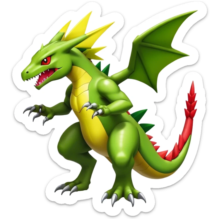 Cool edgy shiny futuristic Guilmon-Flygon-Tyranitar-Digimon-hybrid-fusion, yellow belly, full body sticker