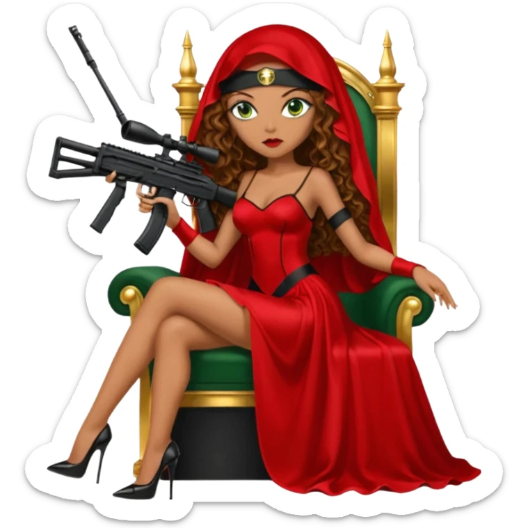 Drug dealer female green eyes symbol.  hair is brown curly long hair. sexy long with long red and black dress and face veil on that covers her mouth only. black stiletto platform high heels shoes on. Holding sniper rifle sitting on a gold throne. sticker