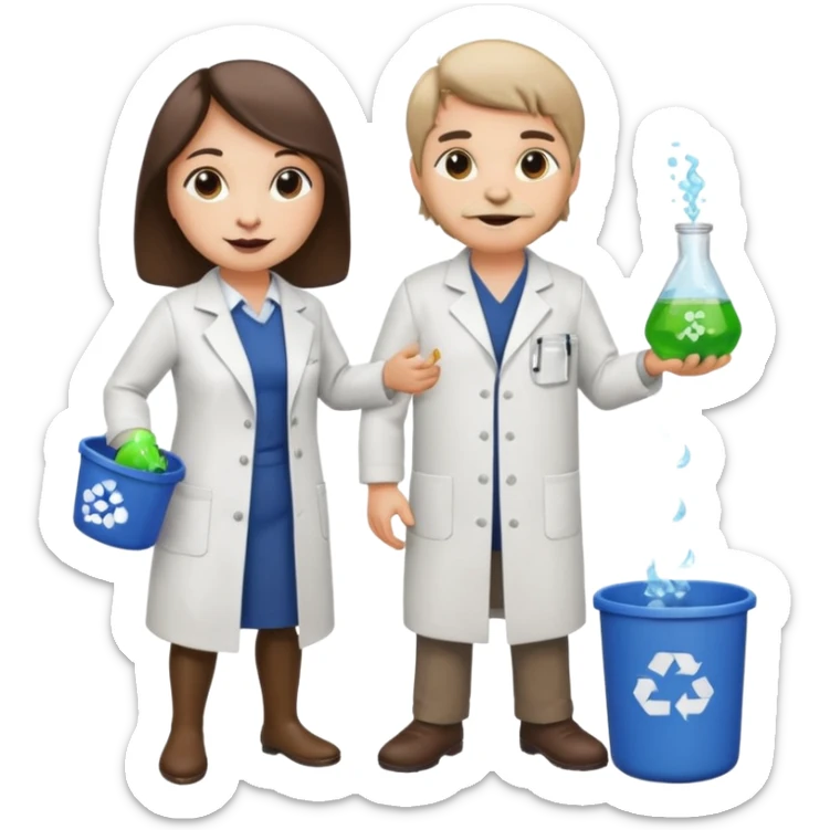 an otter disguised as a woman picking up trash bins, next to a man mad scientist sticker