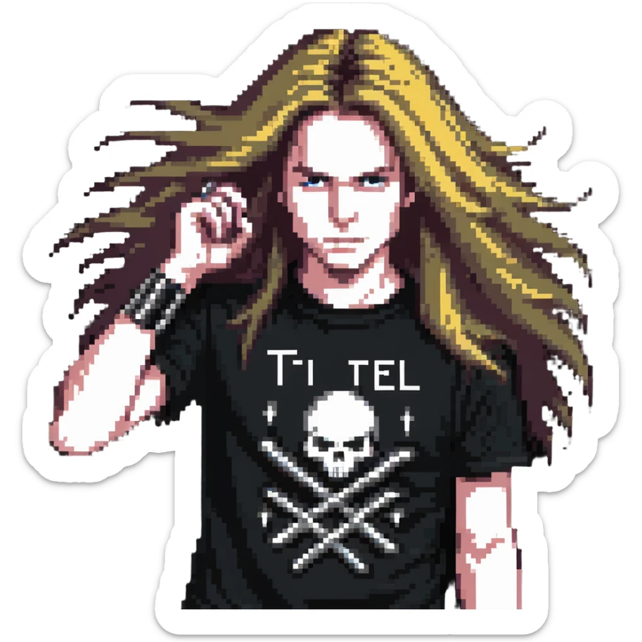 A person headbanging with long hair, wearing a metal band t-shirt sticker