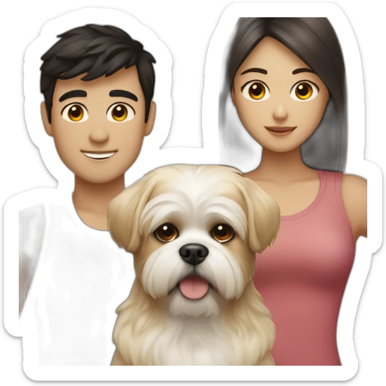a dark hair boy with a blonde girl and a shih tzu sticker