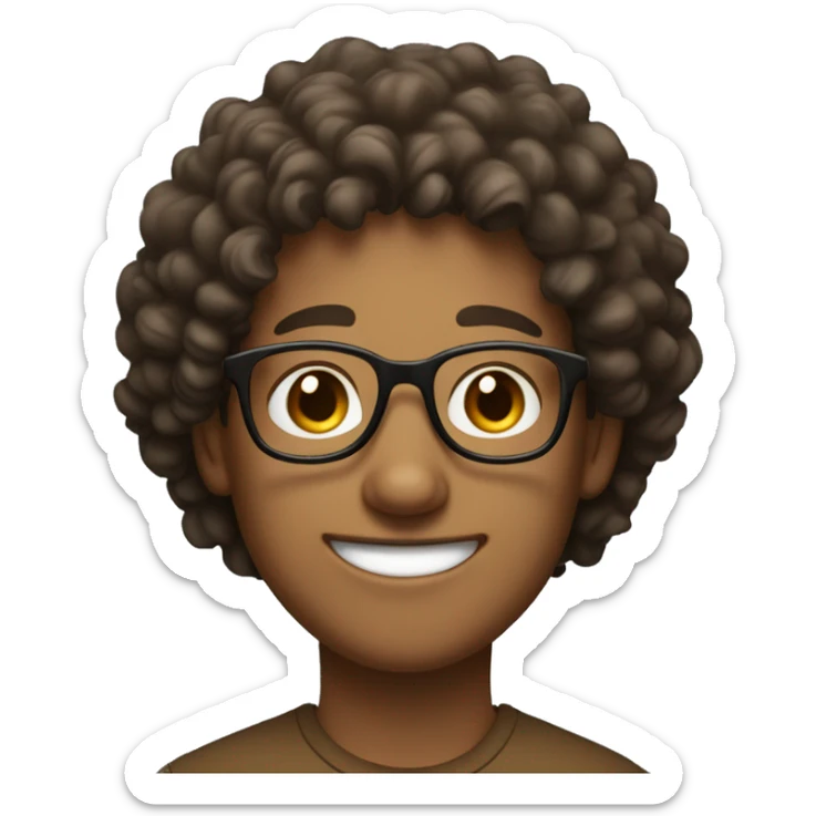 Smiling young man with thick glasses, curly hair, and wearing a brown shirt. sticker