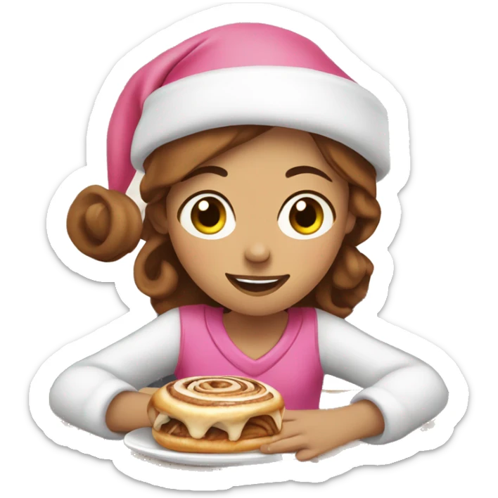 Girl with freckles and brown hair wearing pink santa hat and eating cinnamon roll sticker