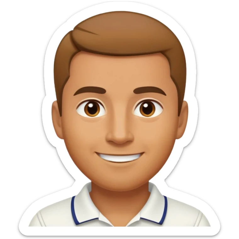 caramel brown Chindian male tennis coach, short straight hair with widow's peak, oval face, small eyes, smiling sticker