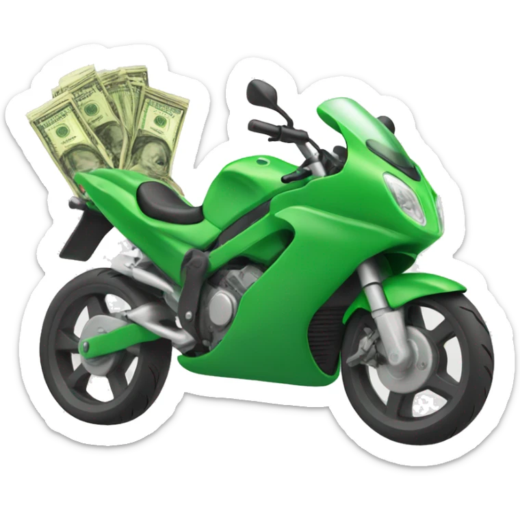 Green motorbike with horse riding it, with flying money sticker