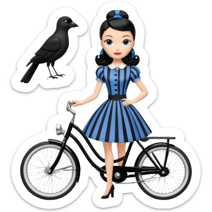 1920s coal hair Silkstone Marie Antoinette Barbie Wednesday Addams from academy in a blue and black vertically-striped classic dress. riding hot rod bikes with crows sticker
