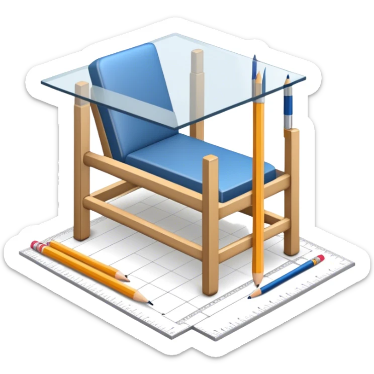 Icon for Furniture Design: a furniture drawing with 3D models of furniture pieces placed on top, accompanied by rulers and a pencil. The icon should represent the design process with focus on precision and modeling. Transparent background. sticker