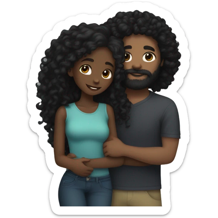 Black girl with long black curly hair cuddling with white skin guy with dark brown hair and dark brown beard  sticker