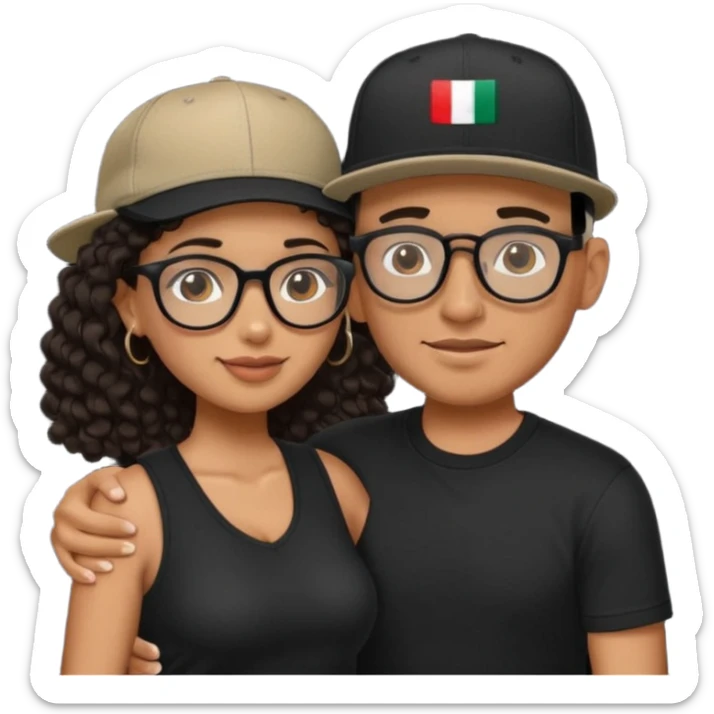 A picture of an embracing tanned couple. the man is a Mexican man with tanned skin, with a bald hair cut wearing a SnapBack hat and a black shirt. the woman wearing black glasses, with long curly dark brown hair and with big boobs.  sticker