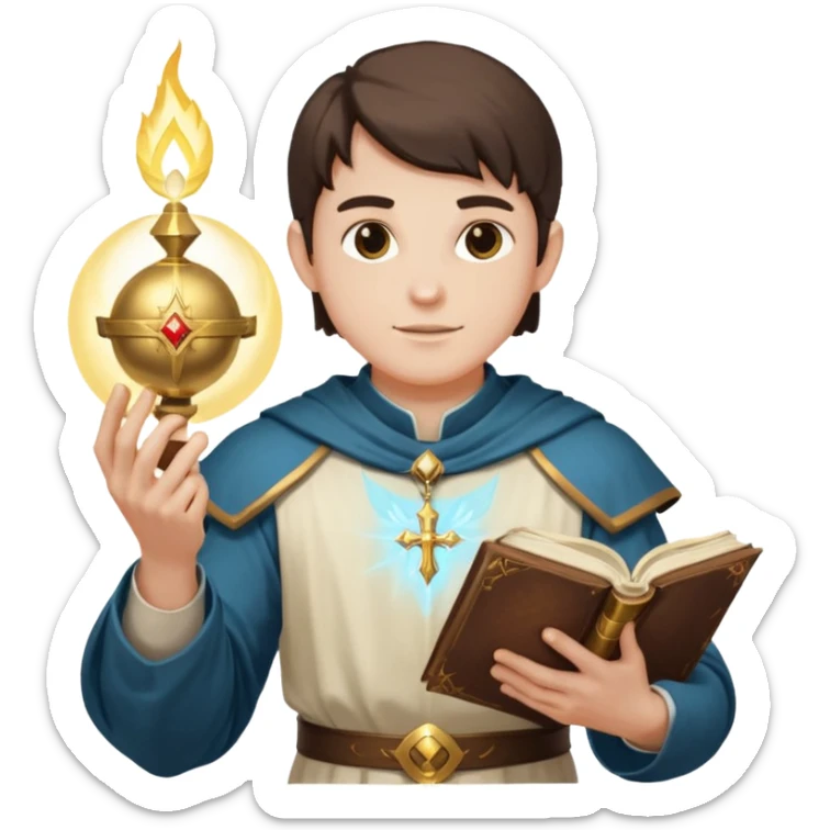 dnd cleric holding a holy book in one hand and having a ball of light in the other sticker