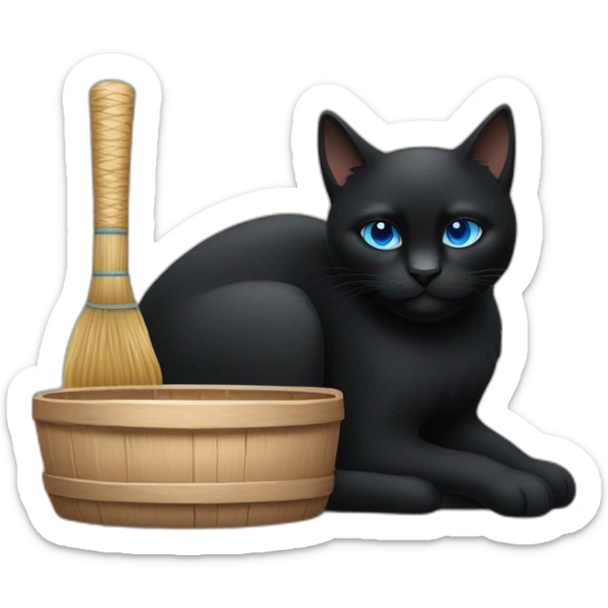 a black cat with blue eyes who sits in a village bathhouse with an oak broom and drinks kvass sticker