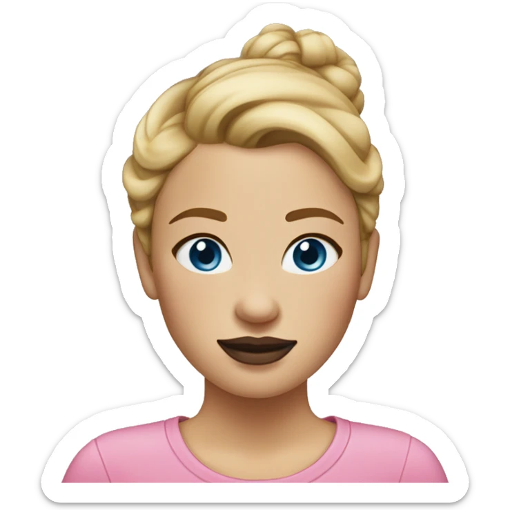 a woman with freckles, blue eyes, light skin, blonde hair with a bun, pink lips. black clothes. sticker