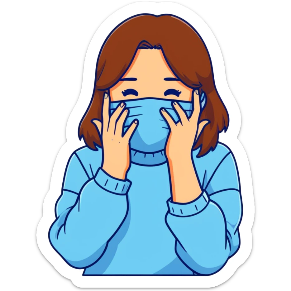 brunette girl with brown hair wearing pastel blue clothes covering her face with her hand sticker