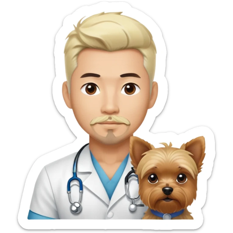 Blonde nurse and a dark haired pointy hair full goatee and muscular hot asain Korean man with one silver hair yorkie.  sticker