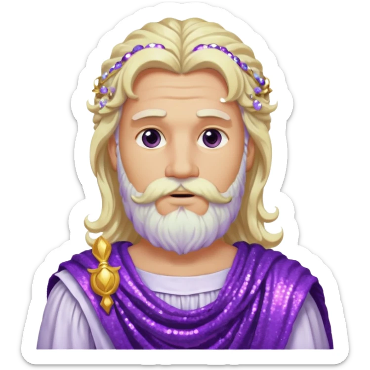 Jupiter, God of Sky from Roman Deities with long white blonde wavy hair and beard, purple sequin toga sticker