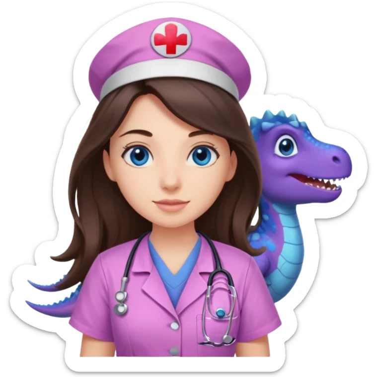 pretty brunette nurse with long hair and blue eyes in pink and purple dinosaur pattern scrubs sticker