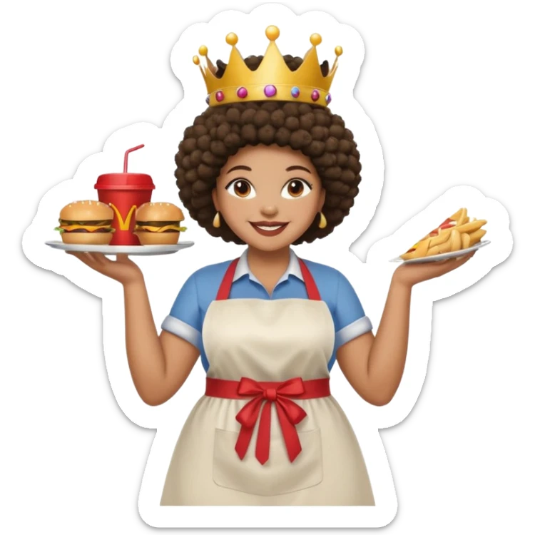 Mujer curvy afro, con vestimenta cómoda y delantal,con una corona sobre su cabeza y sonrisa contagiosa. Entre brazos comida rapida sticker