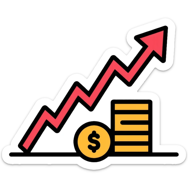 upward arrow beside a small stack of gold coins, beauty business financial growth symbol sticker
