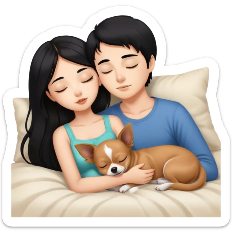 Coquette teenage cute asian black hair girl sleeping with brown longhair chihuahua and guy with black hair sticker