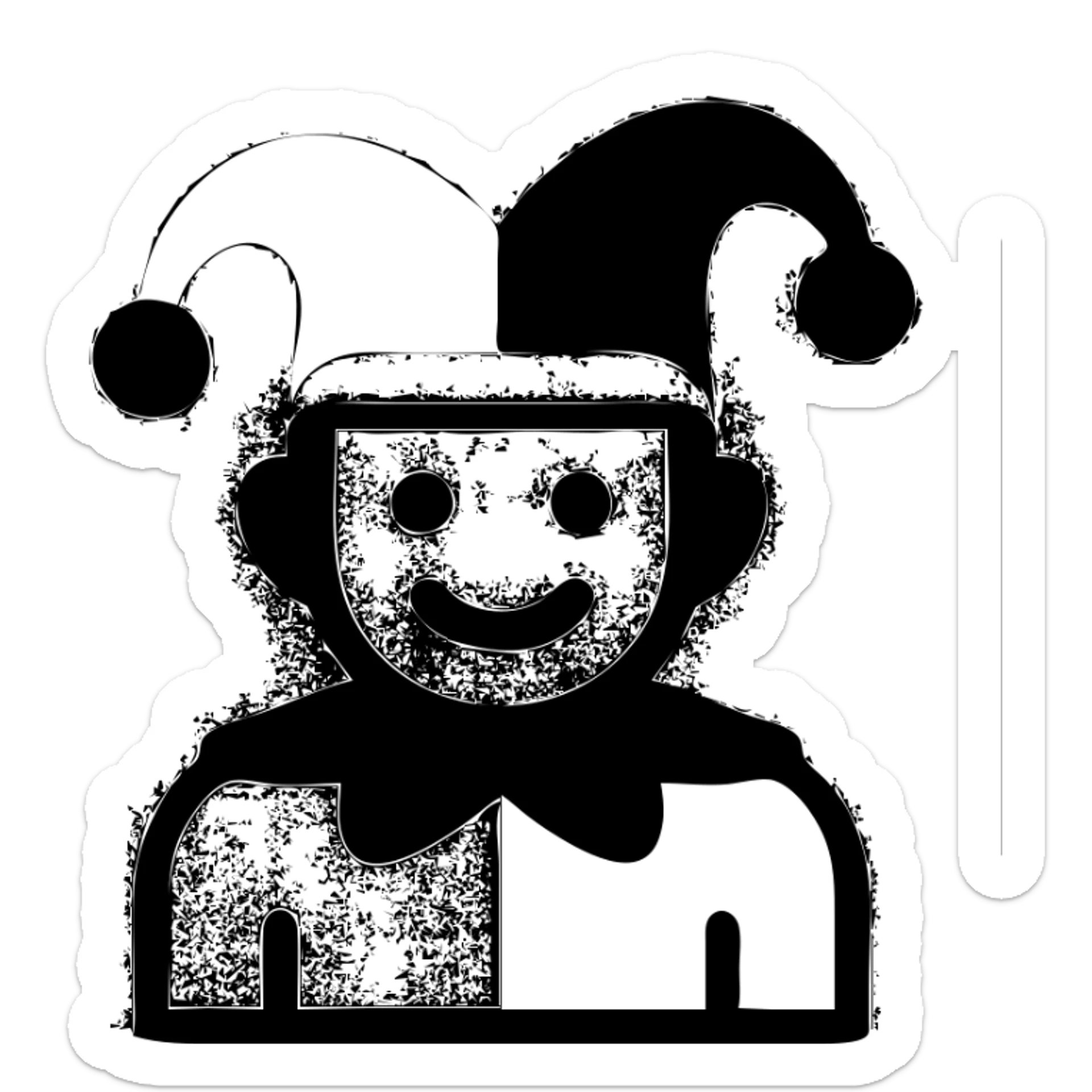 crazy colorful cute little cat jolly joker from poker, medieval, vintage, court jester, mac os icon, purple, gold and red color, head + torso. Squared shape as 3D mac os icon, symmetrical sticker