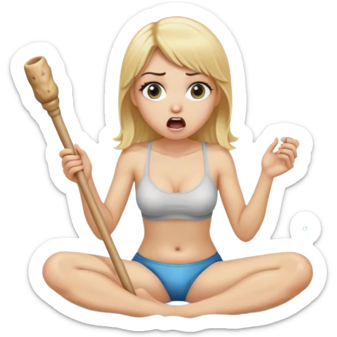 blond woman sitting on her knees with wide eyes, holding a wide skin-colored stick with a D-shaped knob, the stick and the nob have skin texture, water squirting from the knob into her mouth, shocked face, the knob is coming out of pants hanging next to her sticker