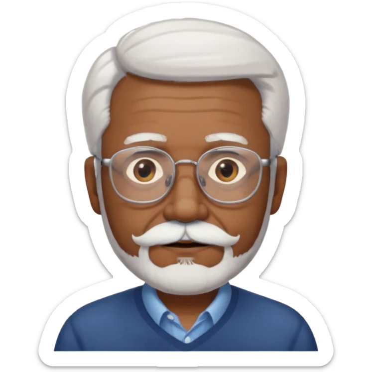 An elderly man emoji with medium-dark skin tone, white hair on the sides, glasses, light eyebrows, and a light white mustache and beard. sticker