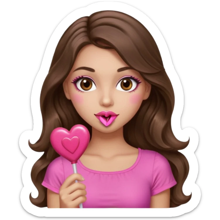 girl with long wavy brown hair, brown eyes, long lashes makeup, sexy pink lips, light to medium complexion, wearing a pink sexy top,, heart lillipop sticker