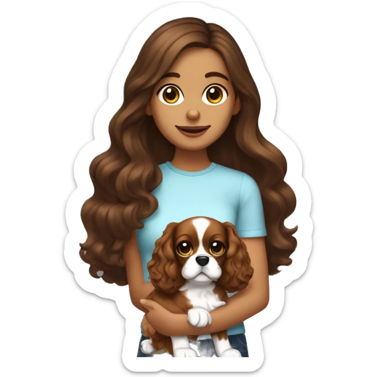 Tanned brunette long wavy hair girl holding a cute cavalier spaniel dog with short ears wavy fur sticker