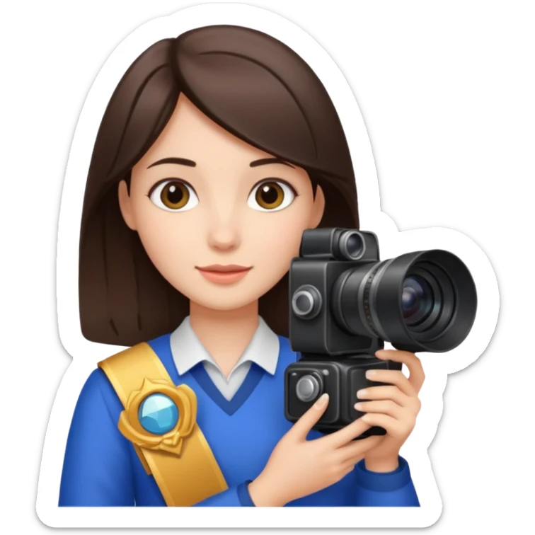 A brunette girl , she’s a proud and successful filmmaker 🍿🌍✨ she’s next to a camera, / holding awards  sticker