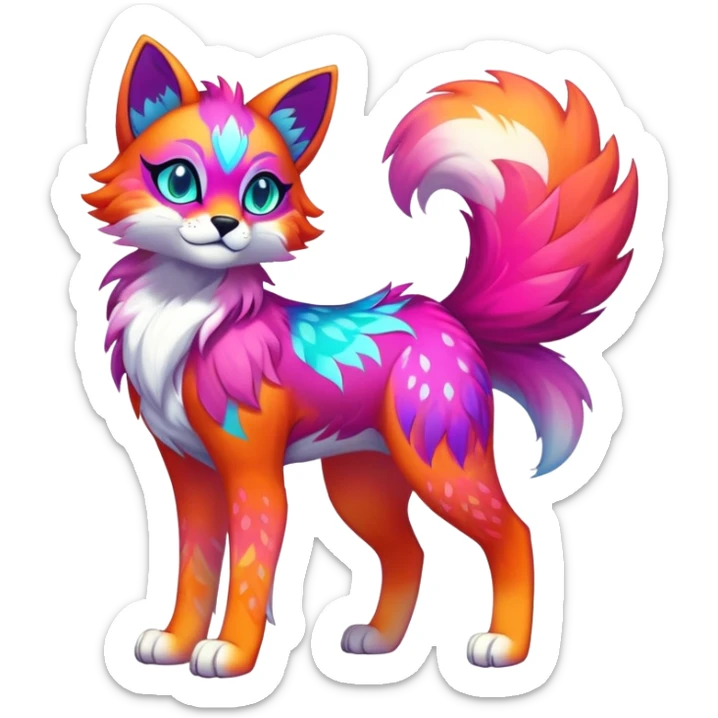 Vibrant multicolored neon-colored Falvie-Fionbri-creature-sparkle-feline-canine-hybrid-fursona, full body, fur pattern-markings sticker