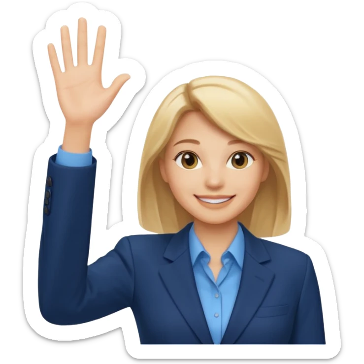 Make emoji of business woman with light skin and medium blonde hair in a dark blue business suit and light blue shirt waiving to new clients sticker
