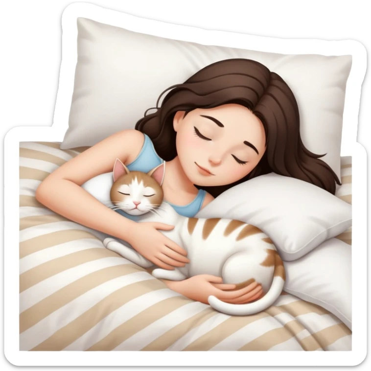 side view Brunette teenage girl sleeping with white cat that has beige stripes on a white pillow with white sheets sticker