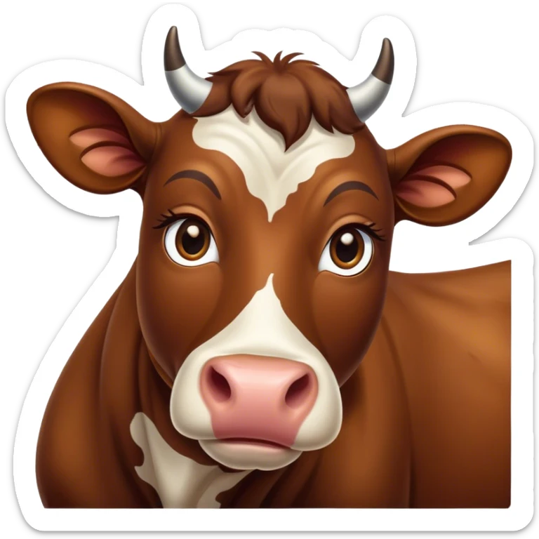 Cinematic Noble Brown Cow Portrait Emoji, Poised and regal, with a large, sturdy build and a smooth, well-groomed deep brown hide, deep-set soulful brown eyes, Simplified yet sharp and sophisticated features, highly detailed, glowing with a soft, dignified glow, high shine, intelligent and calm, stylized with an air of pastoral majesty, focused and attentive, soft glowing outline, capturing the essence of a watchful and confident bovine guardian, so majestic it feels as though it could amble out of the screen with effortless authority! sticker