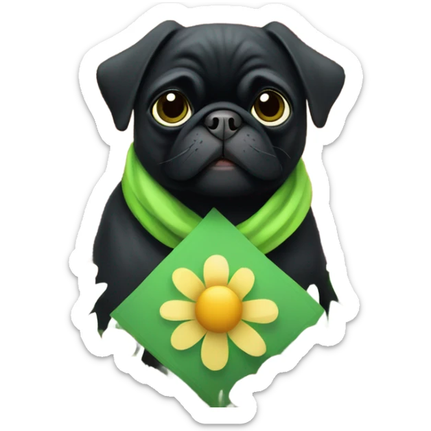 Black pug , surrounded by flowers, holding a green sign that says “good luck”  sticker