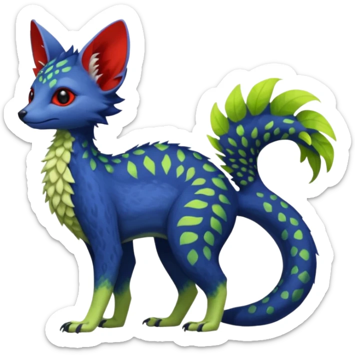 Feral Rare Fantasy vibrant tropical red and indigo and lime-collred Vernid-Trico-species-creature by LiLaiRa, random markings, tufted tail, tufted ears, full body sticker
