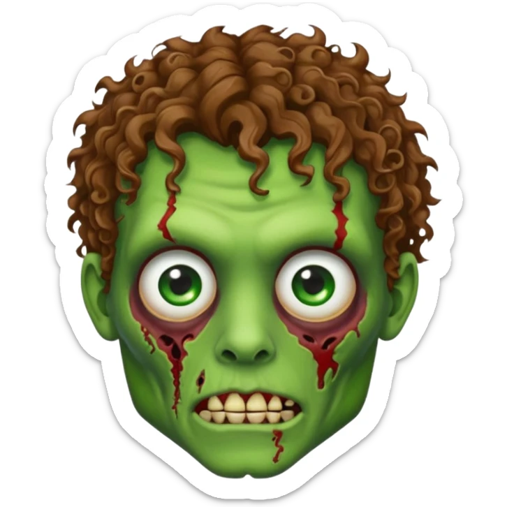 Generate an emoji-style image with a white background of a green-skinned zombie. The zombie should have visible facial wounds, curly brown hair with highlights, green eyes, and a shaved line in the left eyebrow. sticker