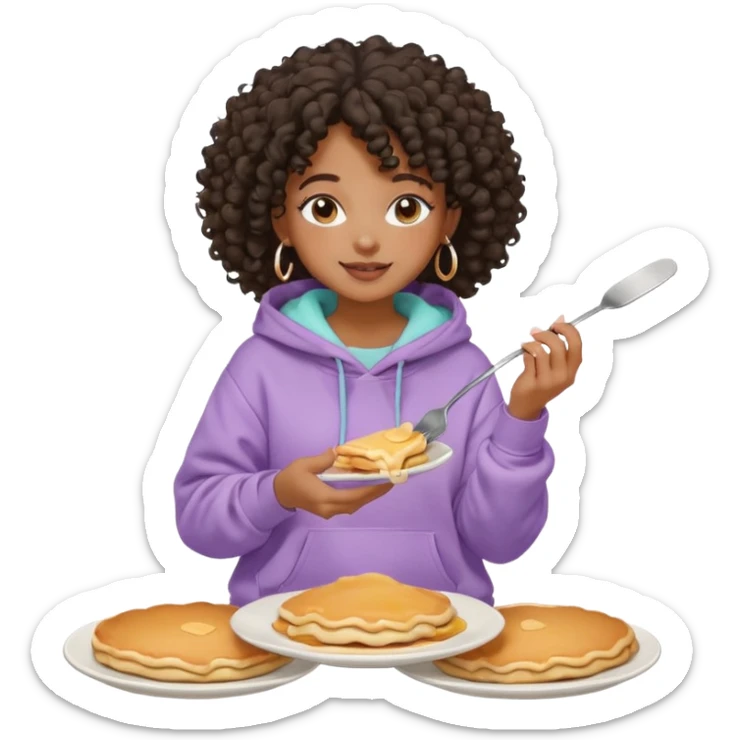 Black girl, clean girl aesthetic, 4C curly hair in a puff, pastel hoodie, white sneakers, minimal jewelry, soft smile, cozy vibe, bright colors eating  pancake sticker