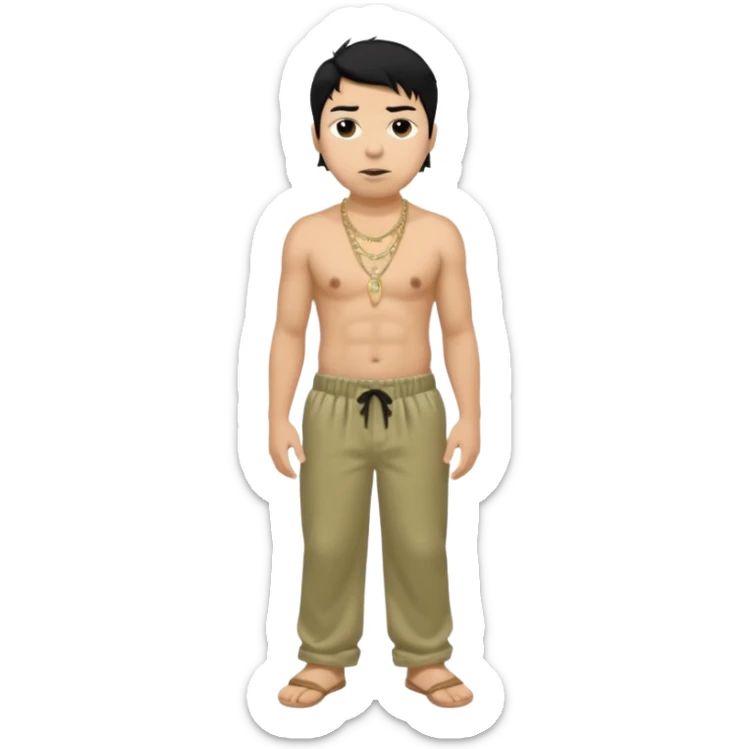 Chino Moreno with black hair, khaki satin baggy pants, shirtless with necklace sticker