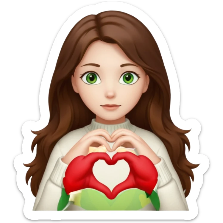 Girl green eyes brown long hair white warm sweater doing hands heart sticker