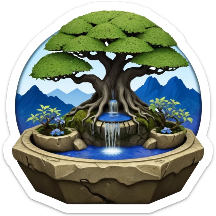 Alien saucer jungle-vines fountain mountain-island landscape antique mudman very old broken cracked intricate Stone Age lapis-crusted irregular dodecagon-shaped shallow dark moss rough bark blue serissa flowered maple tree bonsai pot sticker