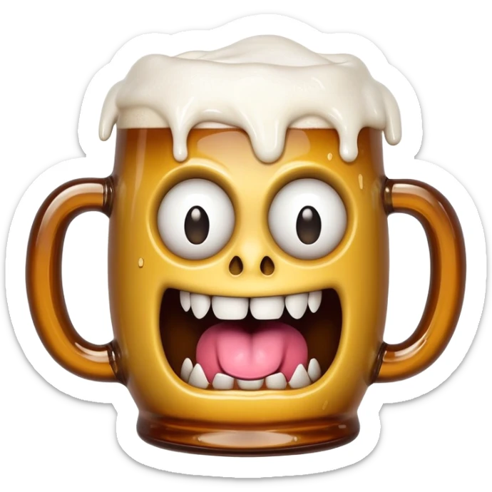 Mimic monster disguised as a beer mug with teeth and tongue, tipsy looking eyes sticker