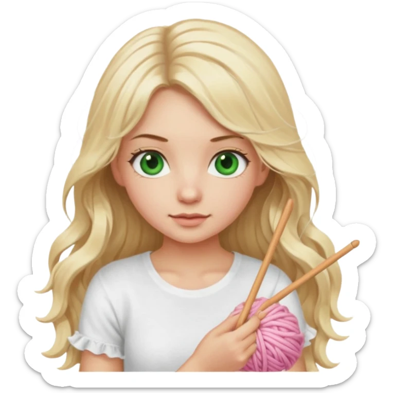 Knitting girl, blonde, long hair, natural green eyes, the tshirt is white with ruffles, the yarn is light pink sticker