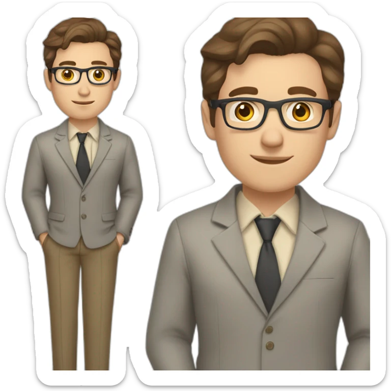 Pale skinned fit man with dark brown hair in gray jacket, beige office shirt, brown tie, brown pants and vintage glasses Writing on the tablet sticker