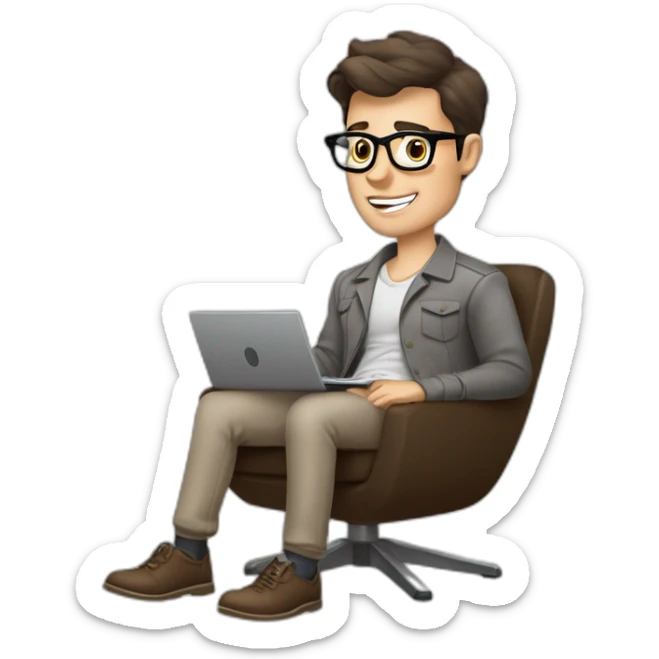 Pale skinned Fit Man With dark brown hair in gray jacket, beige office shirt, Brown pants and vintage glasses sitting In a soft chair with a notebook and a pen Popping his tongue sticker