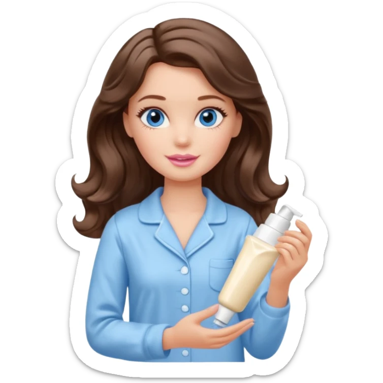 Barbie girl with makeup, blue eyes , and bob long haircut wavy, short brown hair in creamy color pajamas, face cream in hand sticker