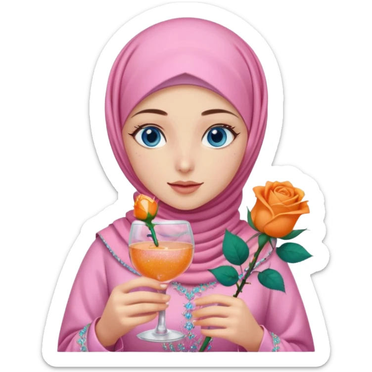 Turkish beautiful finish Konya girl blue eyes with pink hijab islamic dress and had on her hand Glittery rose gold mocktail with orange light pink roses sticker