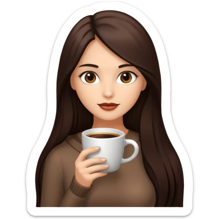 Straight Dark Brown long haired sexy woman with dark brown eyes with cup of coffee sticker