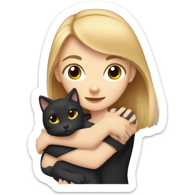 pale girl with brown hair and black eyes hugging a dark blonde  cat sticker