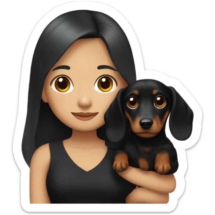 an Asian girl with long hair, wear black dress, hugging a black and tan long haired dachshund sticker