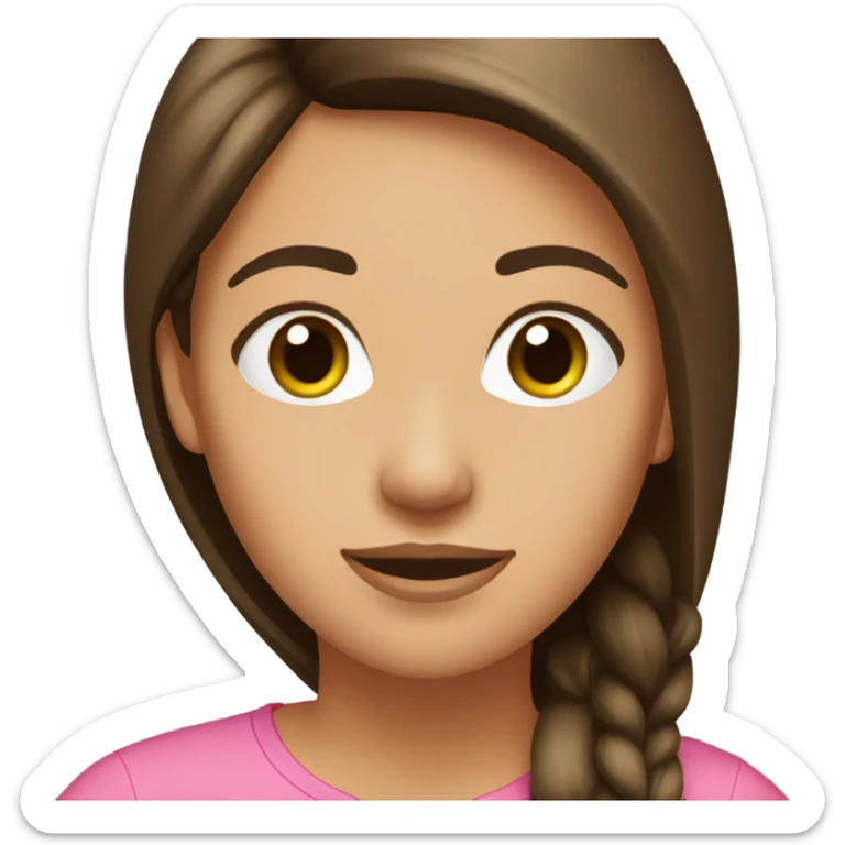 Light brown woman with long straight dark brown and auburn highlighted hair, wearing a pink t shirt with green trim sticker